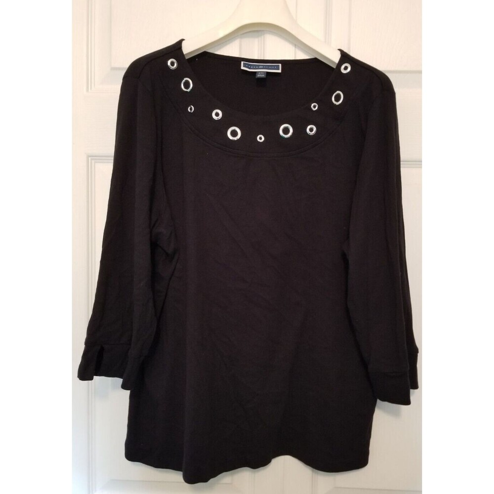 Karen Scott Women's Top Black Silver Grommet Neckline Accents Size XXL